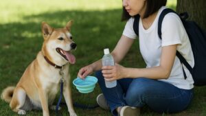 日陰で休憩しながら、水飲みボトルで愛犬に水を与える日本人の飼い主。夏のイベントで熱中症対策をしている様子。