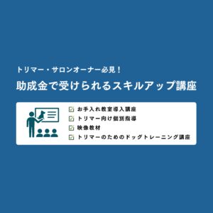 助成金で受けられるスキルアップ講座の紹介バナー。お手入れ教室導入講座、トリマー向け個別指導、映像教材、ドッグトレーニング講座の案内。