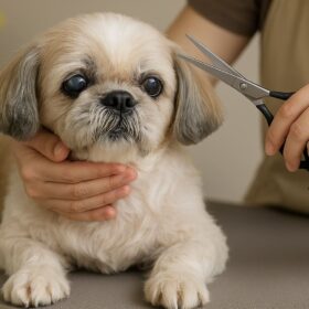 シニア犬が安心してトリミングを受けている様子