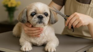 シニア犬が安心してトリミングを受けている様子