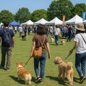 青空の下、芝生広場で開かれるドッグイベント。テントや屋台が並び、多くの飼い主と犬たちが楽しそうに歩いている様子。