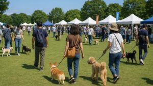 青空の下、芝生広場で開かれるドッグイベント。テントや屋台が並び、多くの飼い主と犬たちが楽しそうに歩いている様子。