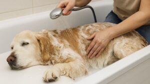 シニア犬が横になったまま優しくシャンプーされている様子