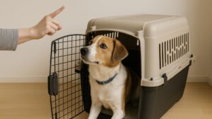 飼い主の指示に従い、室内でクレートに入る犬