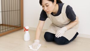 トリマーが室内の床を拭き掃除している様子