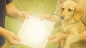 修了証を手渡しする人と、抱かれた犬の様子