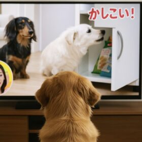 ペット番組が流れるテレビを真剣に眺めるゴールデンレトリバー