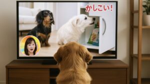 ペット番組が流れるテレビを真剣に眺めるゴールデンレトリバー