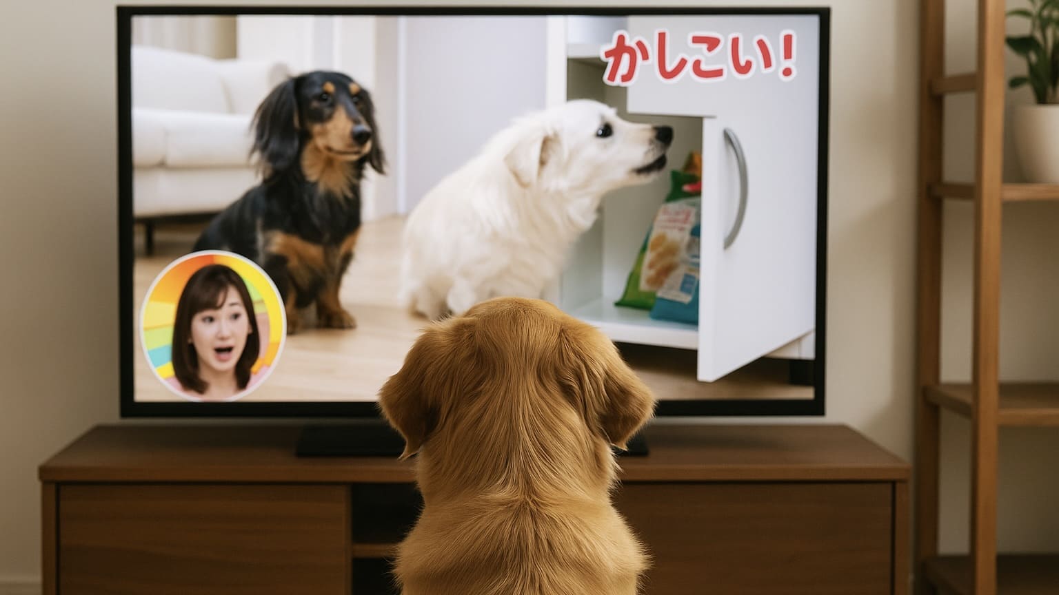 ペット番組が流れるテレビを真剣に眺めるゴールデンレトリバー