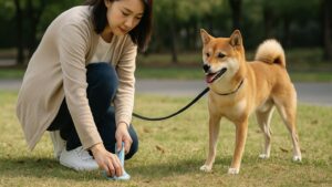芝生の上で愛犬（柴犬）の粗相をビニール袋で片付けている日本人の飼い主。マナーを守る姿勢が伝わる場面。