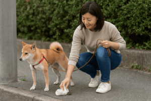 日本人の女性が、柴犬と一緒に散歩中、袋を使って愛犬のウンチを拾っている様子。衛生的に処理している丁寧な姿。