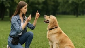 公園で行われるドッグトレーニング。日本人トレーナーが指示を出し、犬がおすわりをして集中している様子