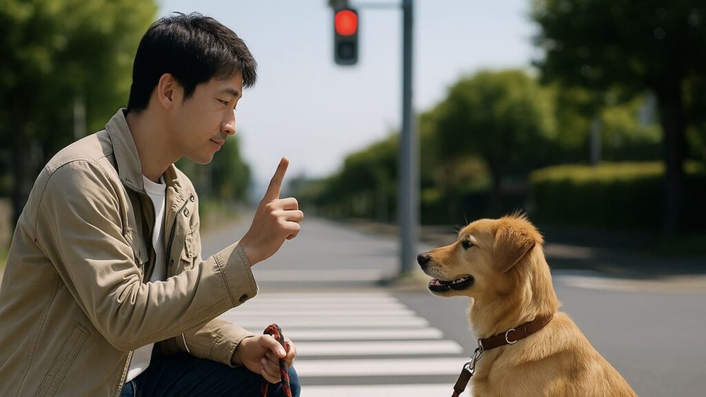 飼い主(日本人)が散歩中、横断歩道の前で赤信号を待ちながら愛犬に「おすわり」を指示している様子。犬は素直に座り、飼い主を見上げている。晴れた昼下がりの街角で、信頼関係と安全意識が伝わる光景。