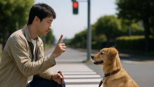 飼い主（日本人）が散歩中、横断歩道の前で赤信号を待ちながら愛犬に「おすわり」を指示している様子。犬は素直に座り、飼い主を見上げている。晴れた昼下がりの街角で、信頼関係と安全意識が伝わる光景。