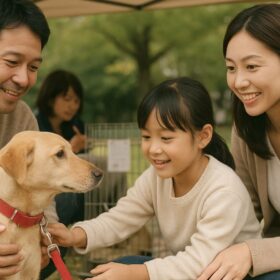 保護犬の里親会で、日本人家族が犬と出会い、温かく触れ合っている様子。屋外イベントのテントの下で交流している場面