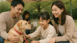 保護犬の里親会で、日本人家族が犬と出会い、温かく触れ合っている様子。屋外イベントのテントの下で交流している場面
