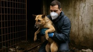 劣悪な飼育環境から犬を抱きかかえて救助する保護活動スタッフ。錆びた檻やゴミが散乱する中、不安そうな犬を保護している場面