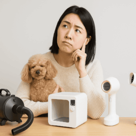 日本人の飼い主が愛犬のトイプードルを抱っこしながら、テーブルに並んださまざまなペットドライヤーを見比べてどれにしようか迷っている様子。ナチュラルな室内で、飼い主は考え込む表情をしている。