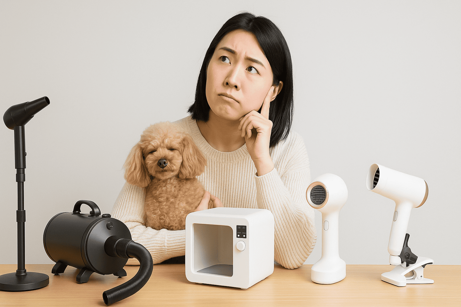 日本人の飼い主が愛犬のトイプードルを抱っこしながら、テーブルに並んださまざまなペットドライヤーを見比べてどれにしようか迷っている様子。ナチュラルな室内で、飼い主は考え込む表情をしている。
