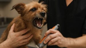 トリミング中に嫌がって吠える犬。トリマーがバリカンを持ち、犬をなだめながら作業している場面