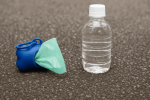 地面の上に並べて置かれたマナー袋（青いケースに緑色の袋）とマナーボトル（透明なペットボトル）。犬の散歩マナー用品を示すイメージ。