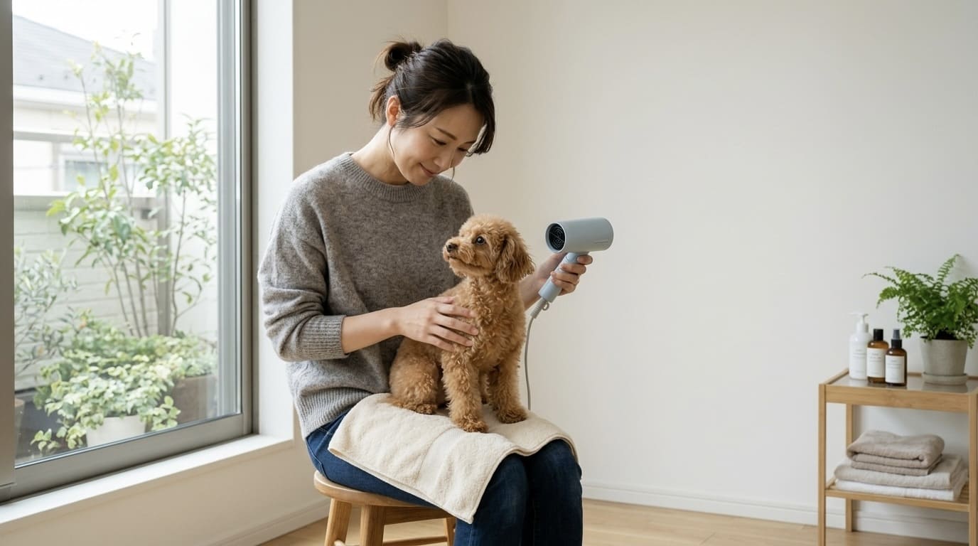 ペットドライヤーを使って自宅でトイプードルを乾かす飼い主の女性