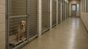 保健所のシェルターの通路に並ぶ犬舎。金網のケージの中で犬が座り、外を見つめている清潔な施設内の様子