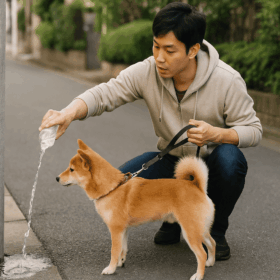 日本人の男性が、愛犬のオシッコをした電柱にマナーボトルの水をかけて流している様子。柴犬がリードにつながれて静かに見ている。