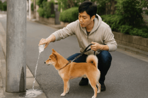 日本人の男性が、愛犬のオシッコをした電柱にマナーボトルの水をかけて流している様子。柴犬がリードにつながれて静かに見ている。