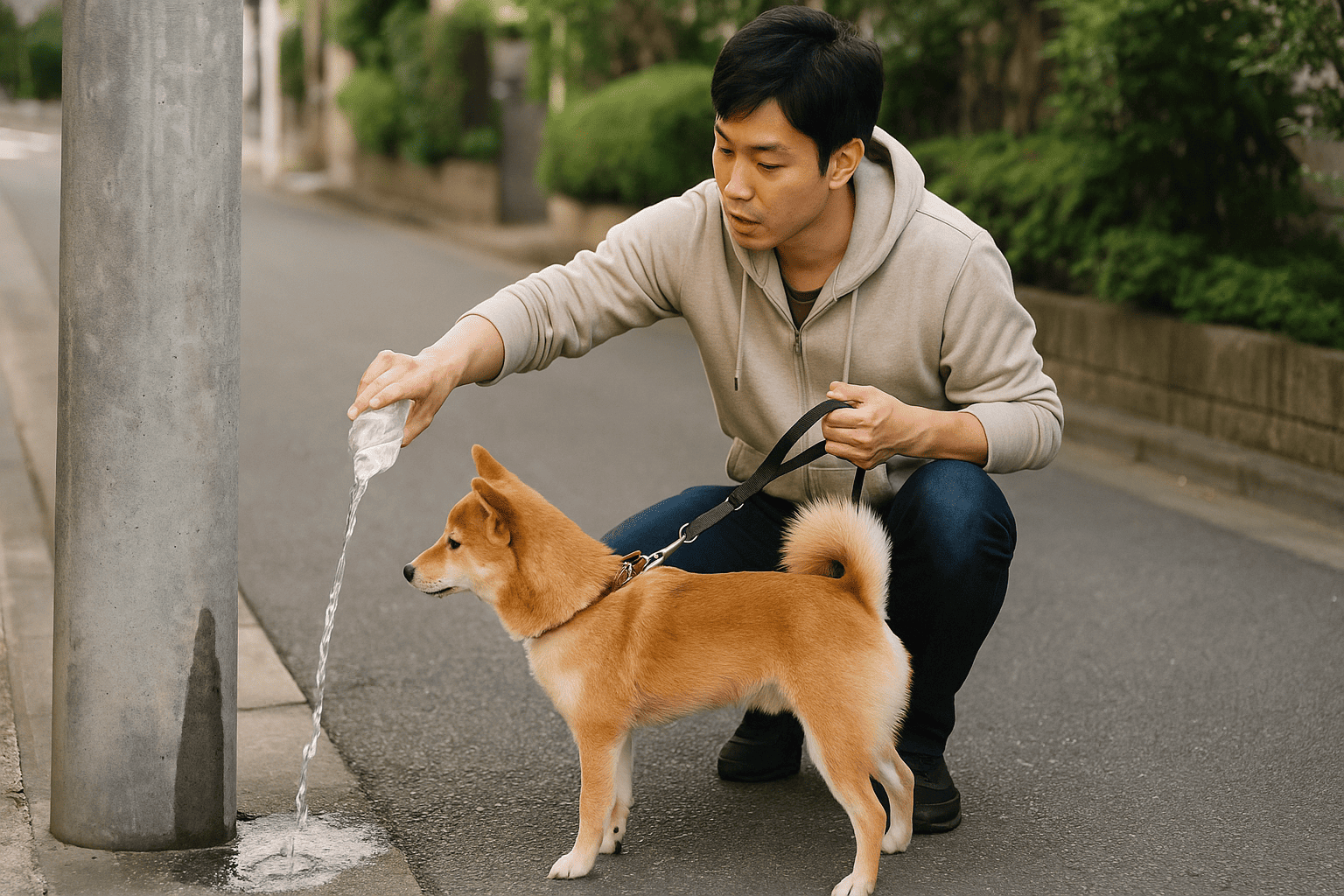 日本人の男性が、愛犬のオシッコをした電柱にマナーボトルの水をかけて流している様子。柴犬がリードにつながれて静かに見ている。