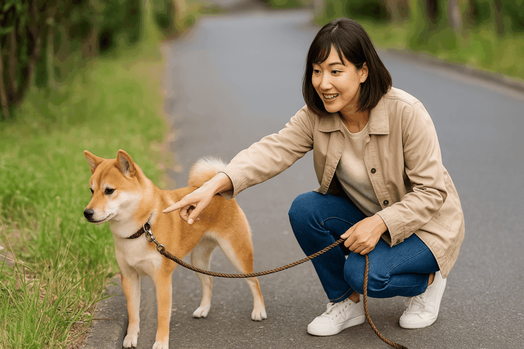 日本人の女性がしゃがんで、柴犬を草むらに優しく誘導している様子。リードを持ちながら穏やかに指を差して方向を示している。