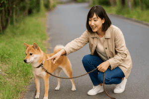 日本人の女性がしゃがんで、柴犬を草むらに優しく誘導している様子。リードを持ちながら穏やかに指を差して方向を示している。