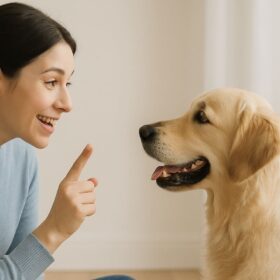 飼い主が床に座って犬と向かい合い、やさしく語りかけている様子。犬は穏やかな表情で飼い主の言葉に耳を傾けている。室内に自然光が差し込み、あたたかい雰囲気が感じられる。