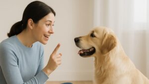 飼い主が床に座って犬と向かい合い、やさしく語りかけている様子。犬は穏やかな表情で飼い主の言葉に耳を傾けている。室内に自然光が差し込み、あたたかい雰囲気が感じられる。