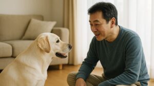 飼い主が床に座って犬と向かい合い、やさしく語りかけている様子。犬は穏やかな表情で飼い主の言葉に耳を傾けている。室内に自然光が差し込み、あたたかい雰囲気が感じられる。