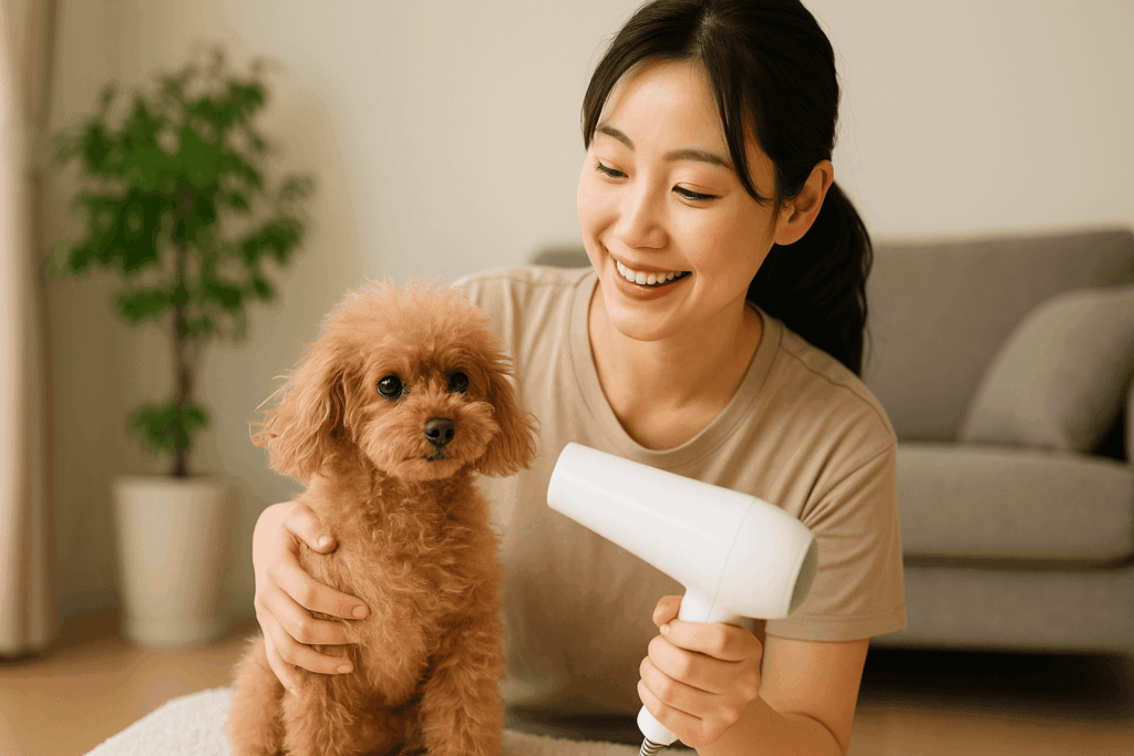 日本人の飼い主が自宅のリビングでトイプードルをペットドライヤーで優しく乾かしている様子。犬はリラックスした表情で、自然光の入る明るい室内に観葉植物とソファが見える。