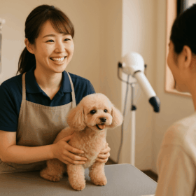 トリミングサロンで、トリマーが飼い主さんと笑顔で会話しながら、トイプードルをやさしく抱えている様子。明るい店内で、愛犬を通じて信頼関係が生まれているシーン。