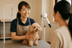 トリミングサロンで、トリマーが飼い主さんと笑顔で会話しながら、トイプードルをやさしく抱えている様子。明るい店内で、愛犬を通じて信頼関係が生まれているシーン。