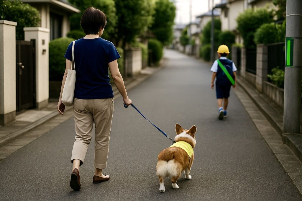住宅街の道路を、黄色いバンダナを着けたコーギーと飼い主が並んで歩き、前方には登校中の小学生が歩いている様子。わんわんパトロールの見守りをイメージした早朝の散歩風景。