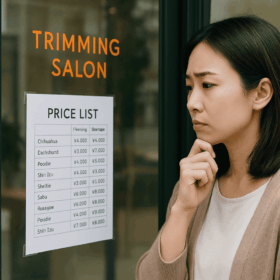 トリミングサロンの前で掲示された料金表を見つめ、値上げを前に利用を控えようか迷っている表情の日本人の飼い主さんの様子