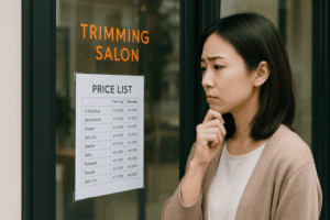 トリミングサロンの前で掲示された料金表を見つめ、値上げを前に利用を控えようか迷っている表情の日本人の飼い主さんの様子