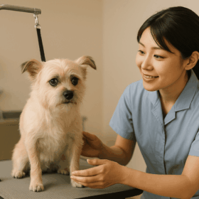 トリミング台の上で少し不安そうに立つ犬と、優しく見守る日本人トリマー。柔らかな自然光に包まれた穏やかなトリミングサロンの一場面。