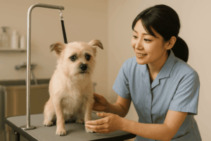 トリミング台の上で少し不安そうに立つ犬と、優しく見守る日本人トリマー。柔らかな自然光に包まれた穏やかなトリミングサロンの一場面。