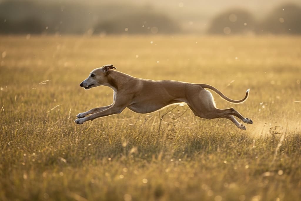 夕暮れの草原を全速力で駆けるウィペット(視覚ハウンド)