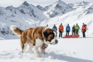 雪山で救助活動をするセント・バーナードと救助隊