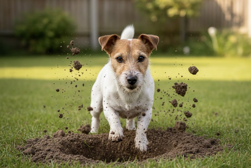 庭で穴を掘るジャック・ラッセル・テリア(テリアグループ)