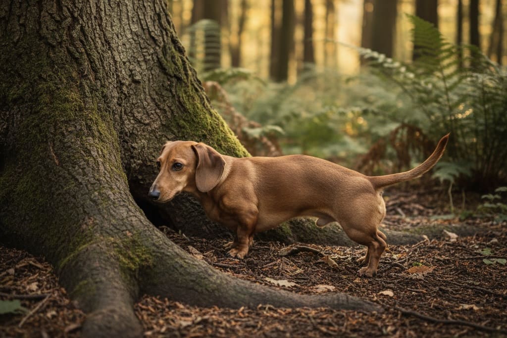 森の中で木の根元の穴を覗き込むダックスフンド