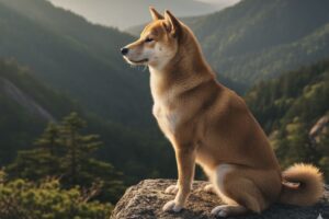 山の上で凛と座る柴犬（スピッツタイプ）