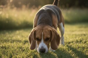 草原で地面の匂いを嗅いでいるビーグル（嗅覚ハウンド）
