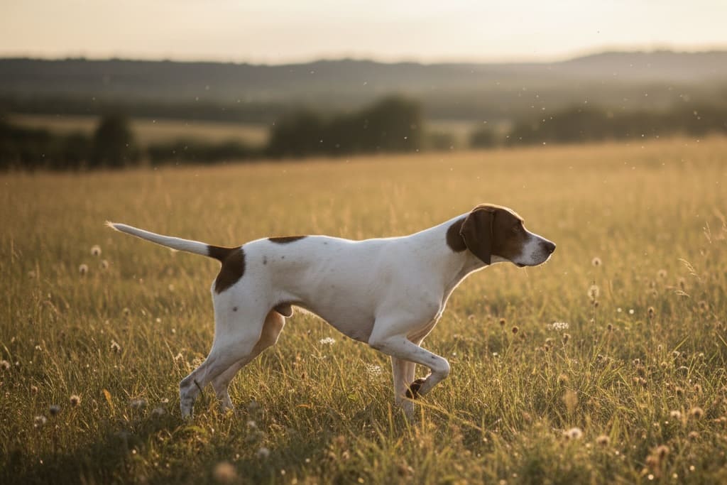 草原で獲物の方向を示すポインター(鳥猟犬)